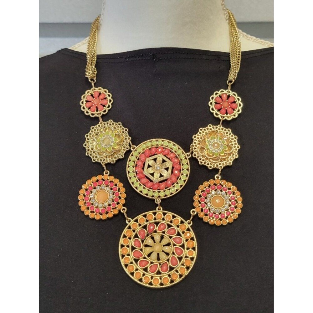 Vintage Mexican Bib Cascade Beaded Pendant Chain Necklace Orange Gold Green Red